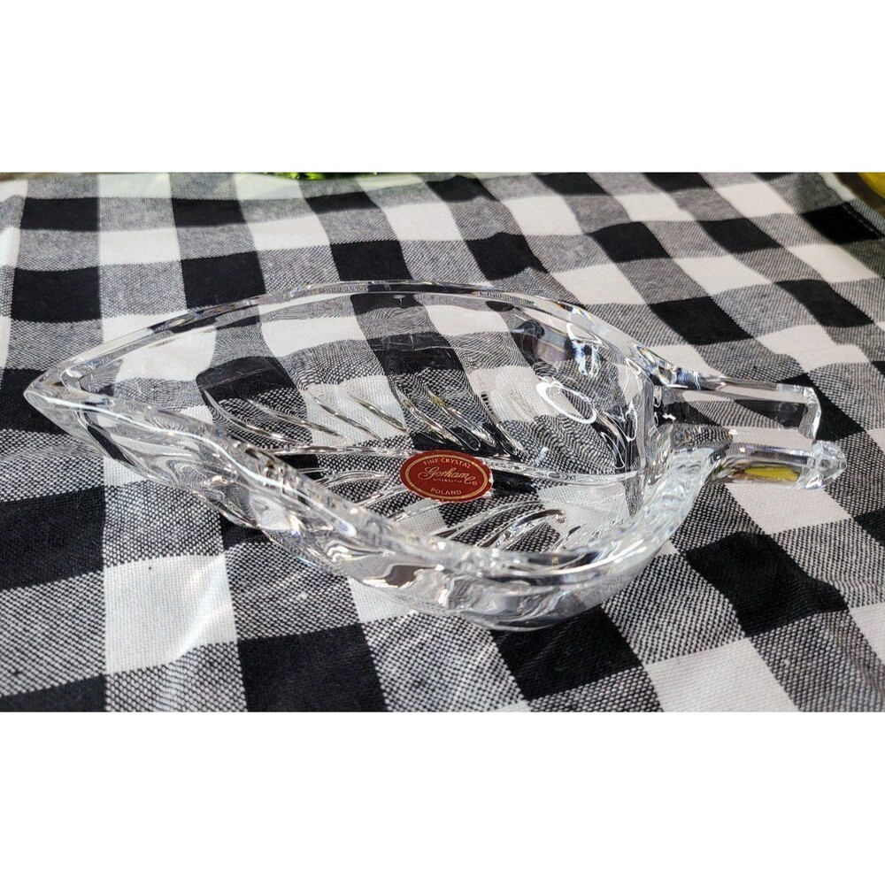 Gorham Hand Cut Crystal Leaf Trinket Dish Poland